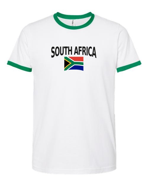 South Africa Soccer Ringer Tee 2026 — Classic Name & Flag | NYC Factory - white_green