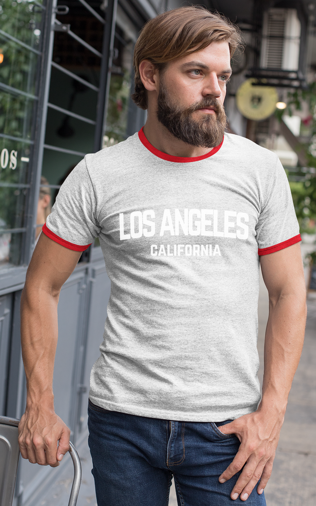 Los Angeles California White Retro Design Custom Mens Ringer T-Shirt Customized Tee White/Red