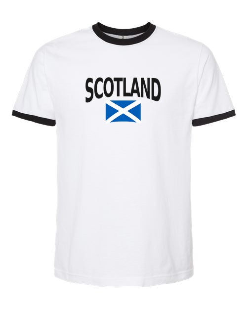 Scotland Soccer Ringer Tee 2026 — Classic Name & Flag | NYC Factory - White/Black