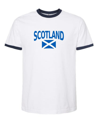 Scotland Soccer Ringer Tee 2026 — Classic Name & Flag | NYC Factory - white_navy