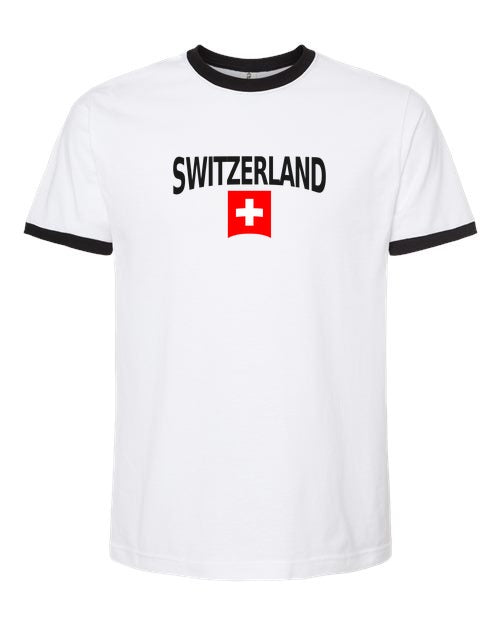 Switzerland Soccer Ringer Tee 2026 — Classic Name & Flag | NYC Factory - White/Black