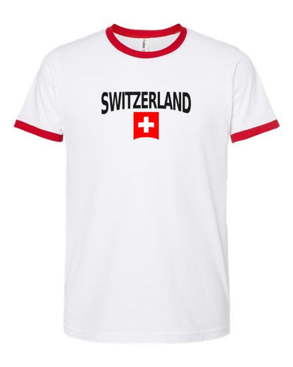 Switzerland Soccer Ringer Tee 2026 — Classic Name & Flag | NYC Factory - white_red