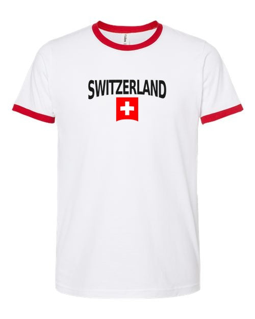 Switzerland Soccer Ringer Tee 2026 — Classic Name & Flag | NYC Factory - white_red