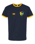 Sweden Soccer Ringer Tee 2026 — Retro National Crest — Navy/Gold | NYC Factory