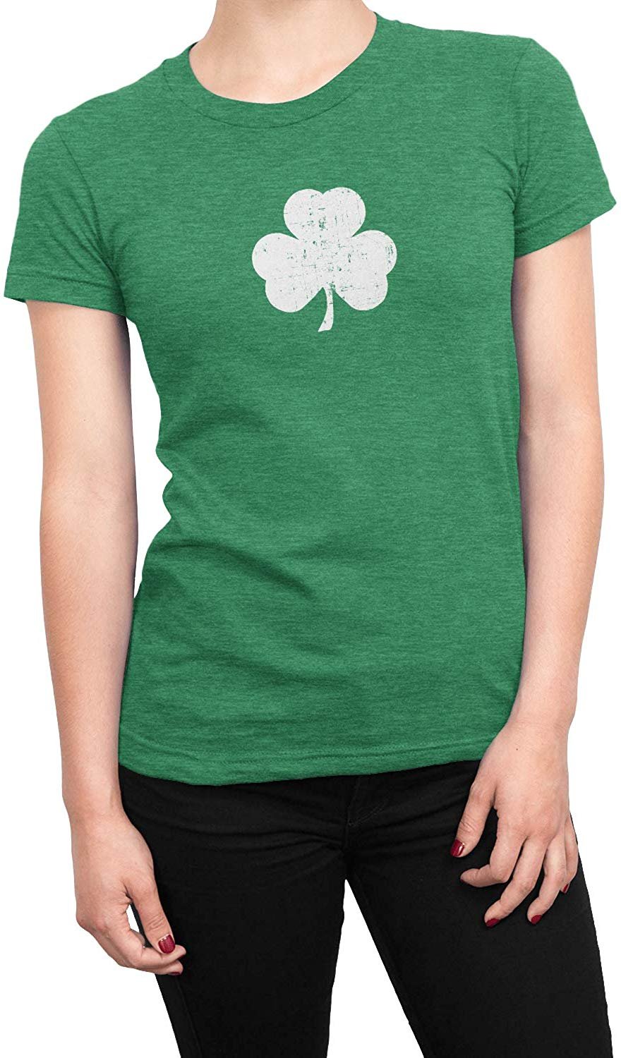 Shamrock Ladies Tee (Small Distressed Design, Heather Green)