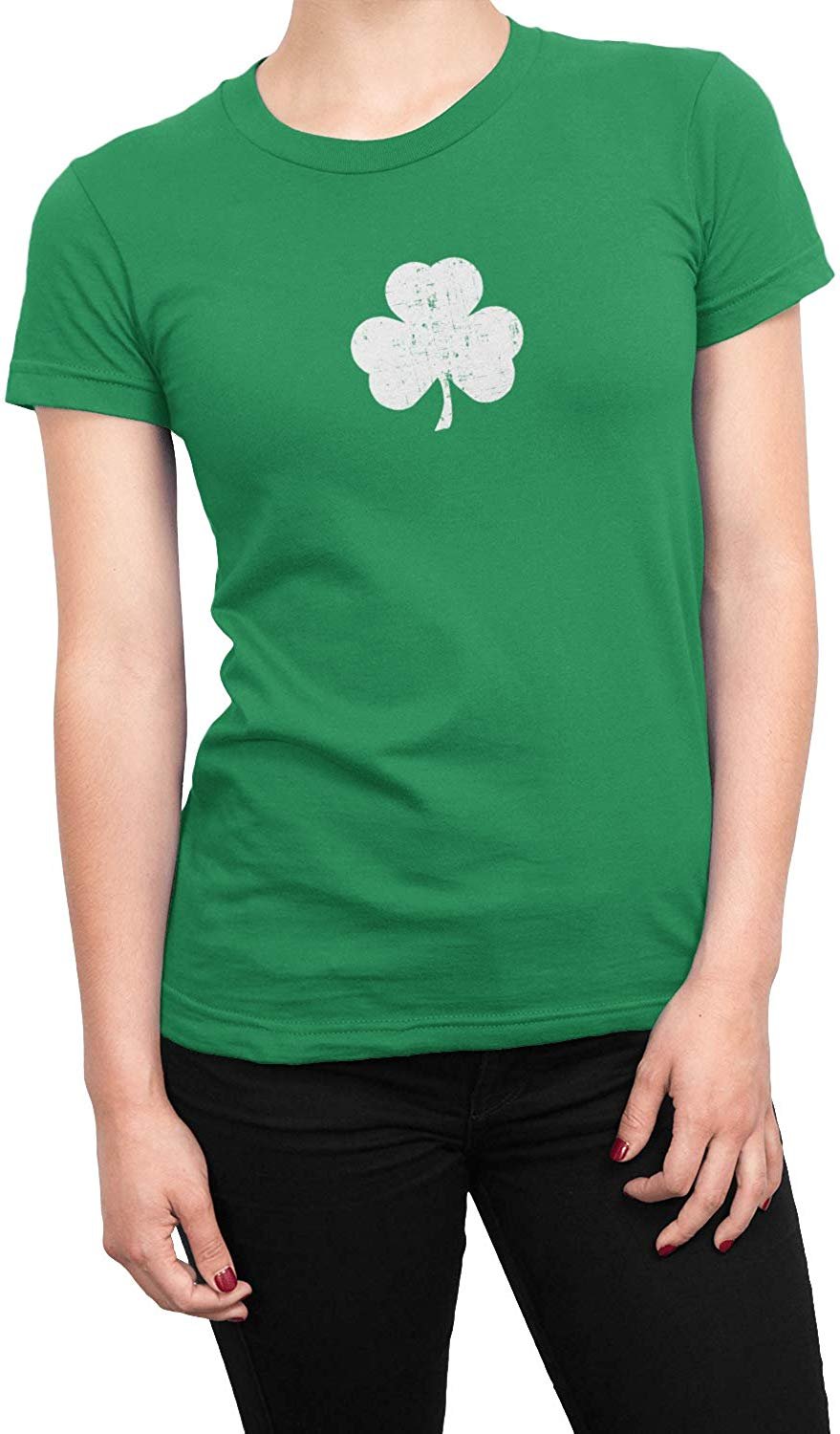 Shamrock Ladies Tee, (Small Distressed Design, Irish Green)