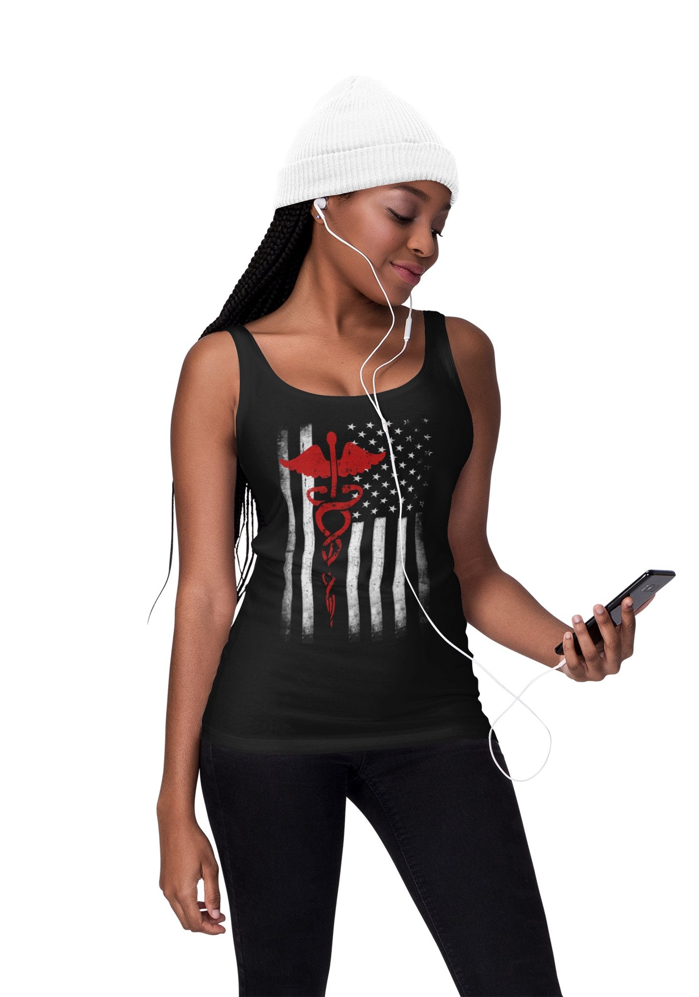 Slim Fit Ladies Tank Top USA Flag EMT Nurses Lives Matter Ring-Spun Cotton