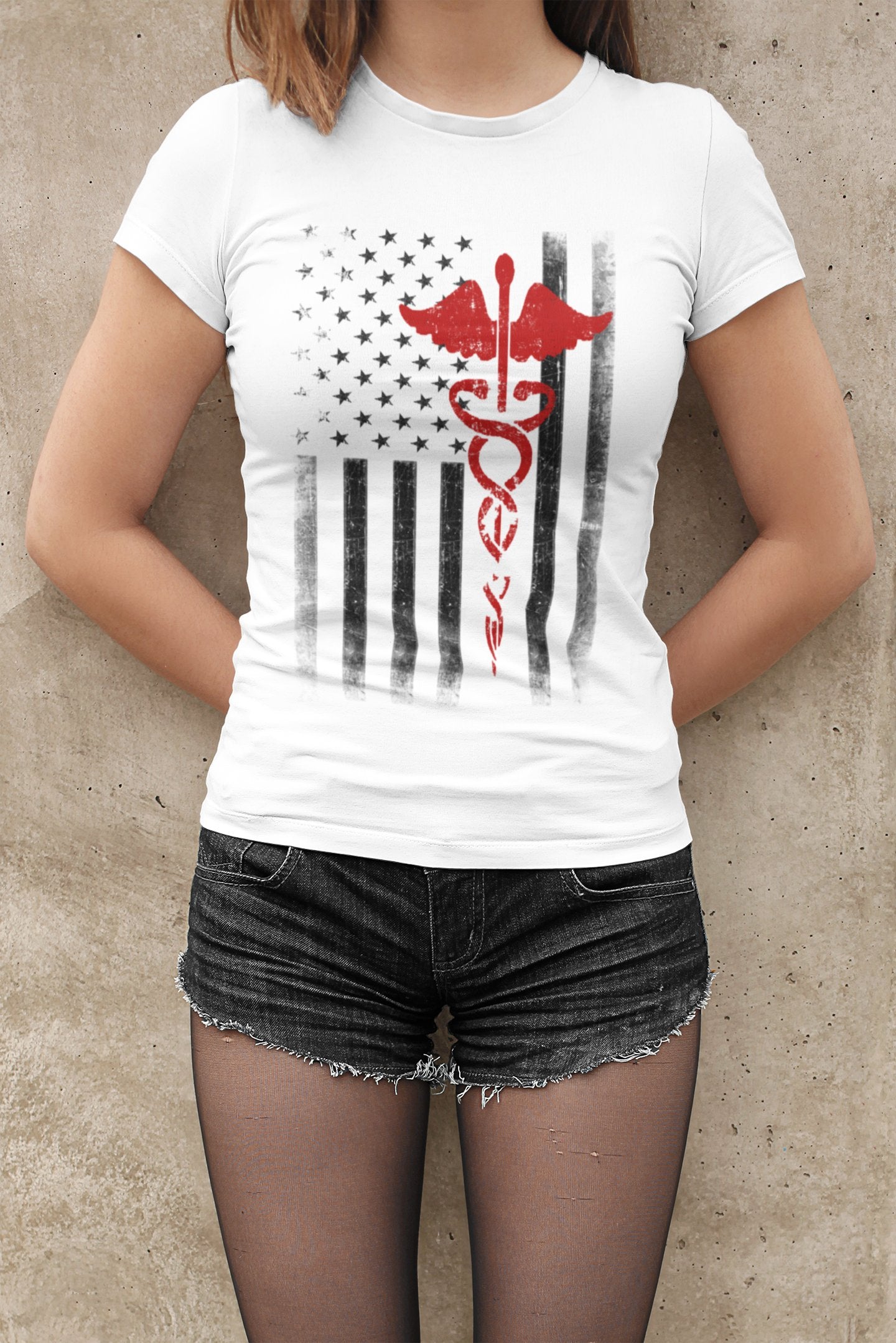 Slim Fit Ladies USA Flag Premium Ringspun Tee EMT Nurses Lives Matter