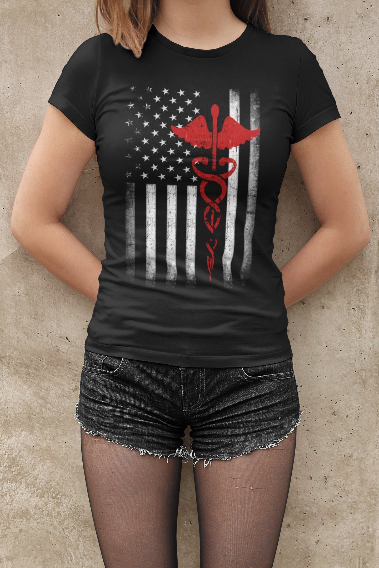 Slim Fit Ladies USA Flag Premium Ringspun Tee EMT Nurses Lives Matter