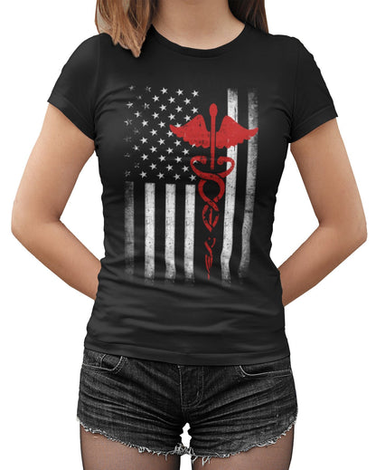 Slim Fit Ladies USA Flag Premium Ringspun Tee EMT Nurses Lives Matter