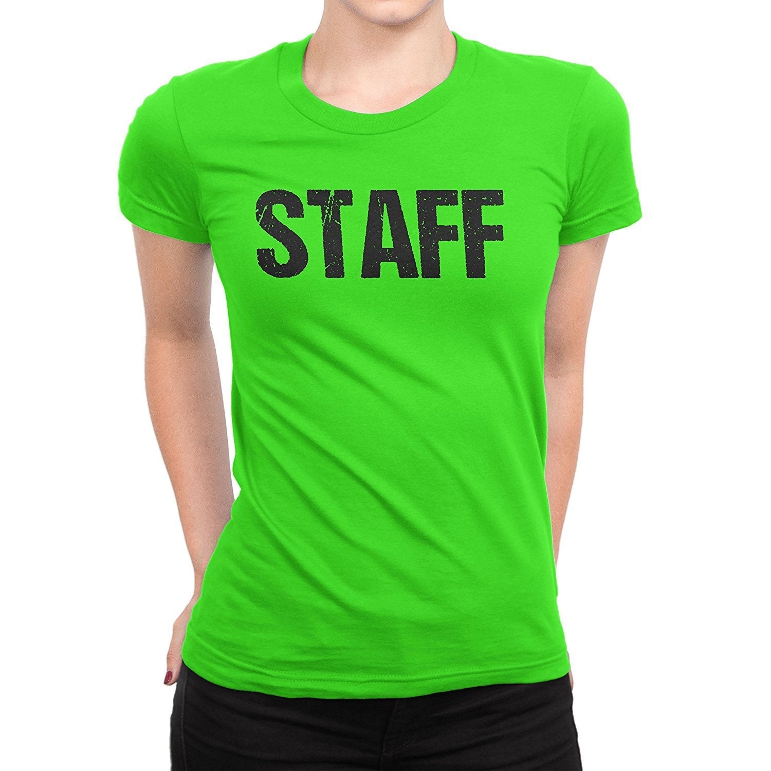 Staff Ladies Short Sleeve T-Shirt (Distressed Design, Neon Green)