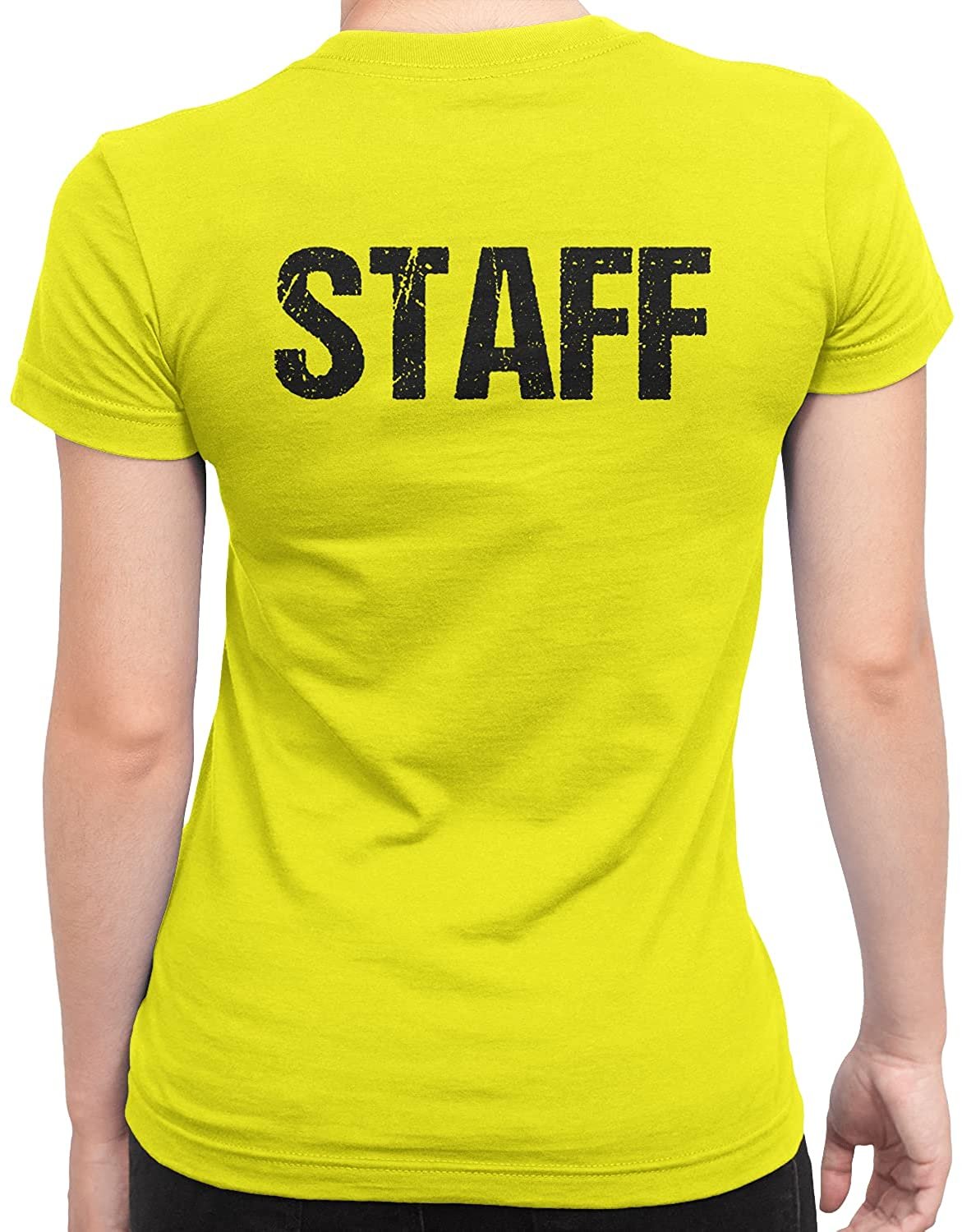 Staff Ladies Short Sleeve T-Shirt (Distressed Design, Safety Green & Black)