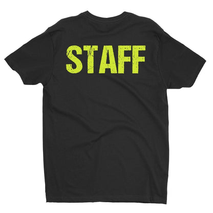 Staff T-Shirt Screen Printed Front & Back Men's Unisex Style (Black/Neon, Distressed)