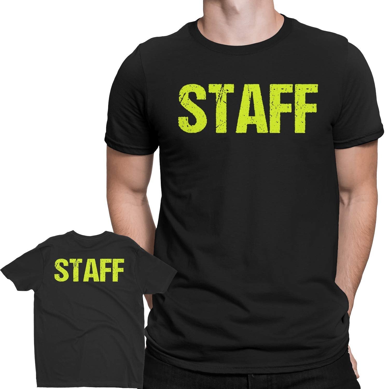 Staff T-Shirt Screen Printed Front & Back Men's Unisex Style (Black/Neon, Distressed)