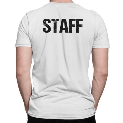 Staff T-Shirt White Mens Tee Staff Event Shirt Front & Back Screen Printed