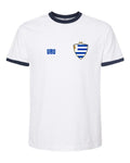 Uruguay Soccer Ringer Tee 2026 — Retro National Crest — White/Navy | NYC Factory