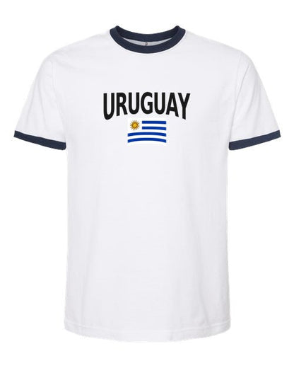 Uruguay Soccer Ringer Tee 2026 — Classic Name & Flag | NYC Factory - white_navy