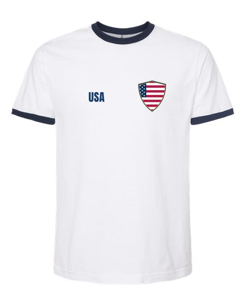 United States Soccer Ringer Tee 2026 — Retro National Crest | NYC Factory