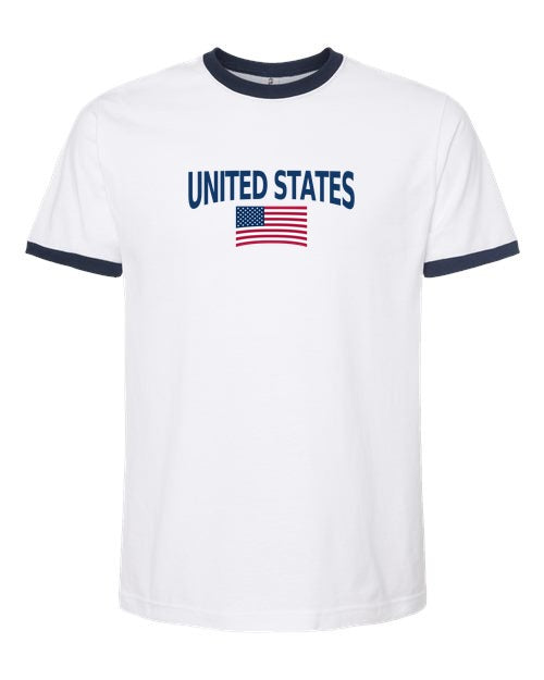 United States Soccer Ringer Tee 2026 — Classic Name & Flag | NYC Factory - white_navy