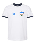 Uzbekistan Soccer Ringer Tee 2026 — Retro National Crest — White/Navy | NYC Factory