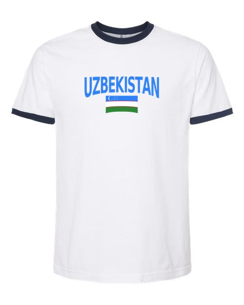 Uzbekistan Soccer Ringer Tee 2026 — Classic Name & Flag | NYC Factory - white_navy