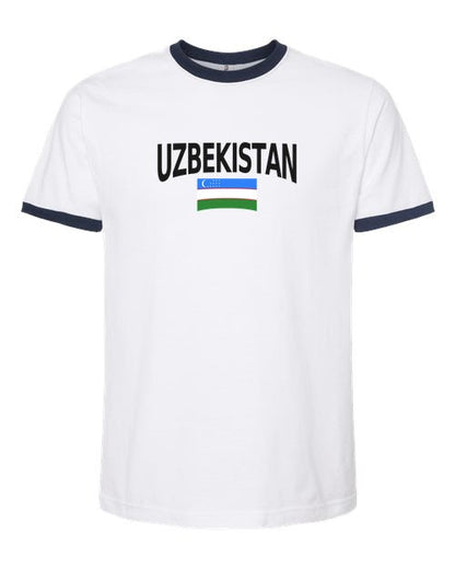 Uzbekistan Soccer Ringer Tee 2026 — Classic Name & Flag | NYC Factory - white_navy
