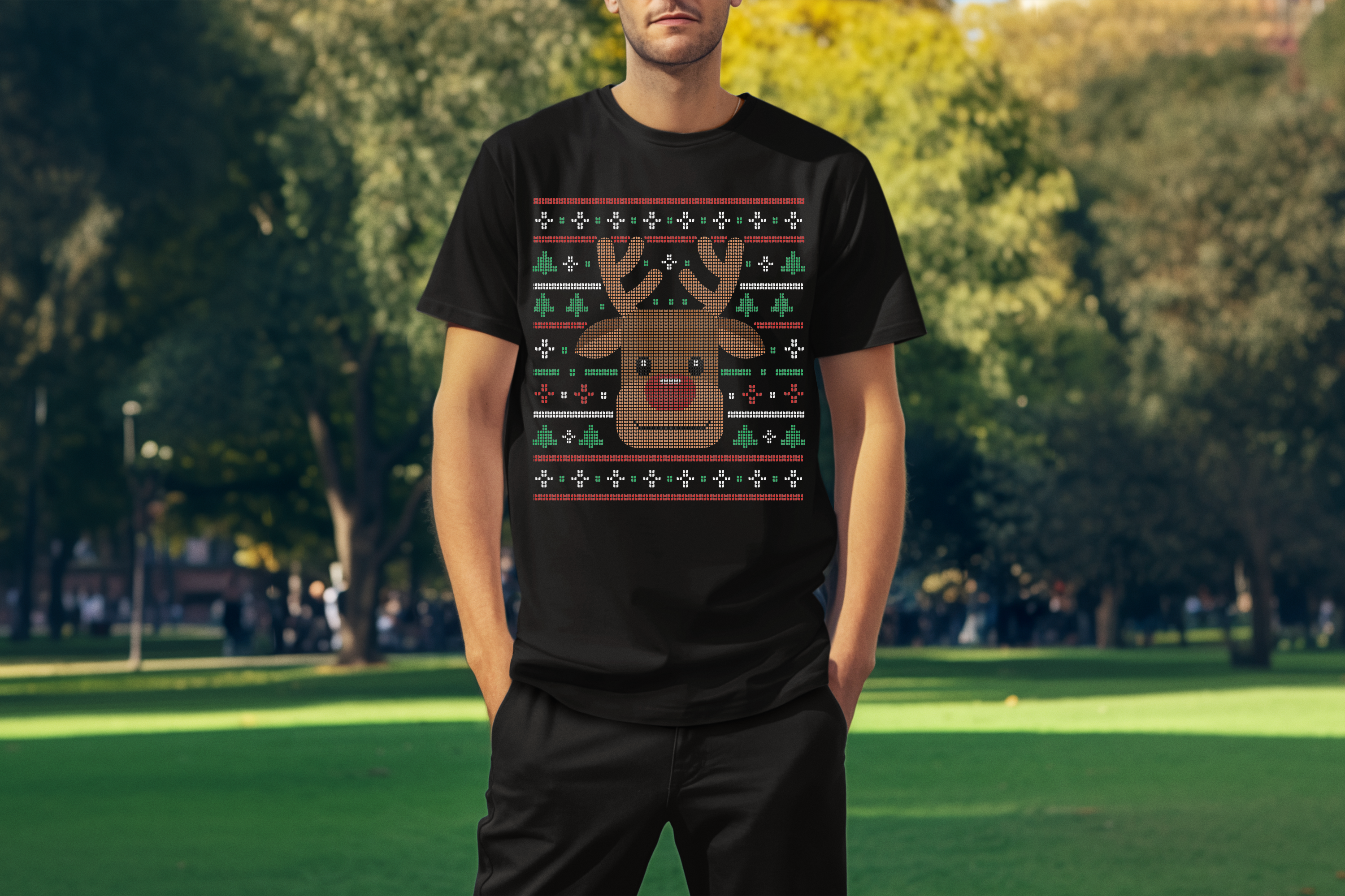 Ugly Xmas Reindeer Design Custom T-Shirt Black