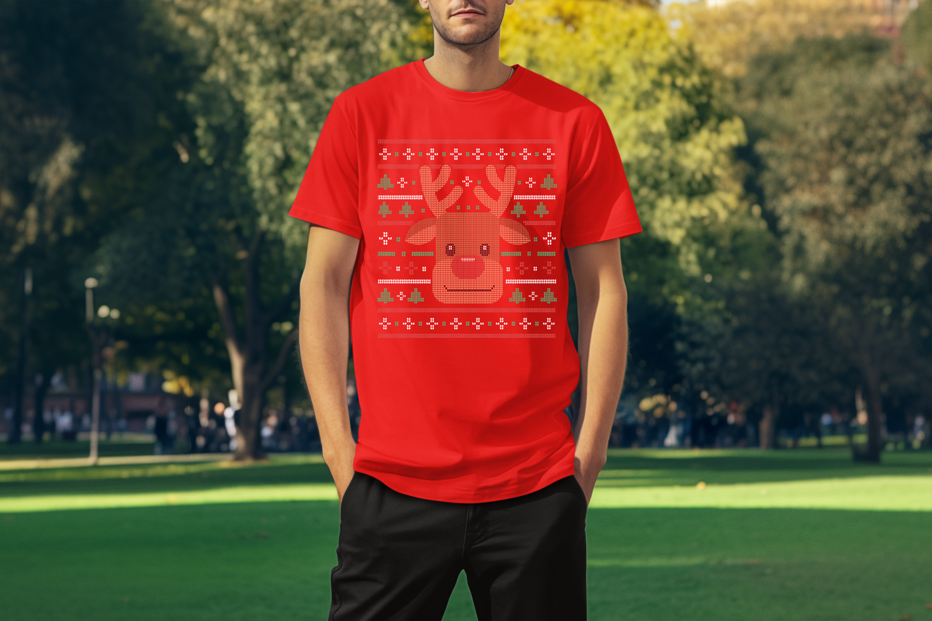 Ugly Xmas Reindeer Design Custom T-Shirt Red