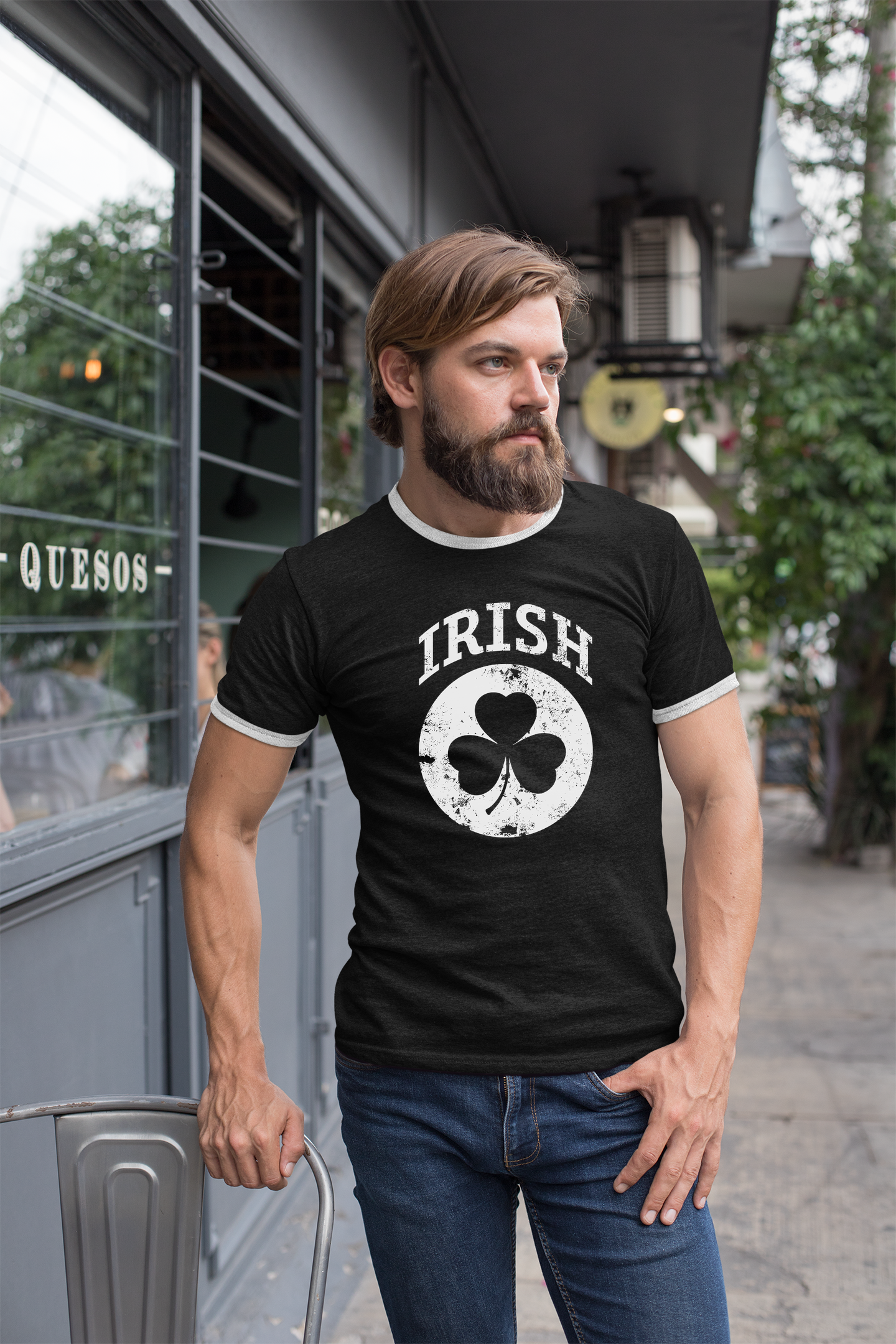 Irish Shamrock White Design Custom Mens Ringer T-Shirt Customized Tee Black/White