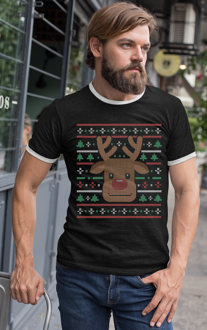 Ugly Xmas Reindeer Design Custom Mens Ringer T-Shirt Customized Tee Black/White