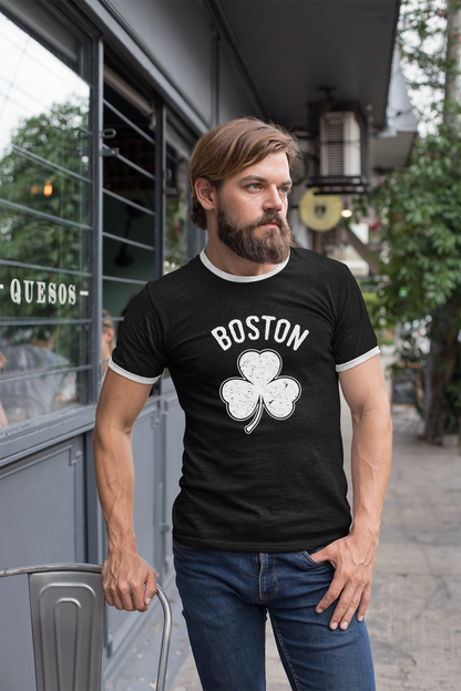 Irish Boston Shamrock White Design Custom Mens Ringer T-Shirt Customized Tee