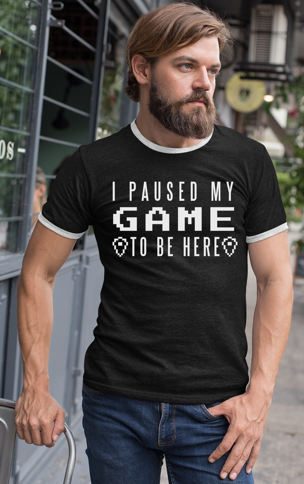 I Paused My Game To Be Here White Print Custom Mens Ringer T-Shirt Customized Tee Black/White