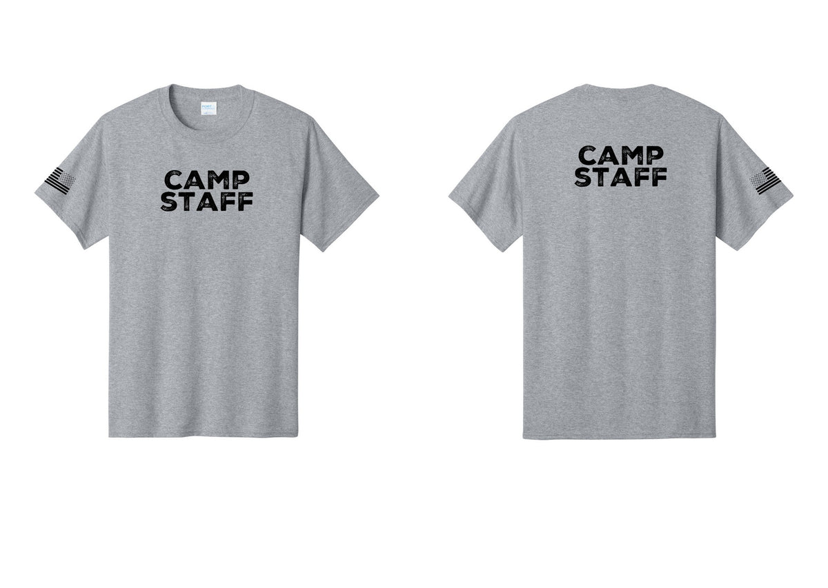NYC Factory Camp Staff T-Shirt - Front + Back + US Flag Sleeve - Athletic Heather