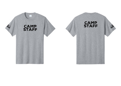 NYC Factory Camp Staff T-Shirt - Front + Back + US Flag Sleeve - Athletic Heather