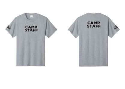 NYC Factory Unisex Camp Staff Charcoal T-Shirt - Front + Back + US Flag Sleeve - Athletic Heather