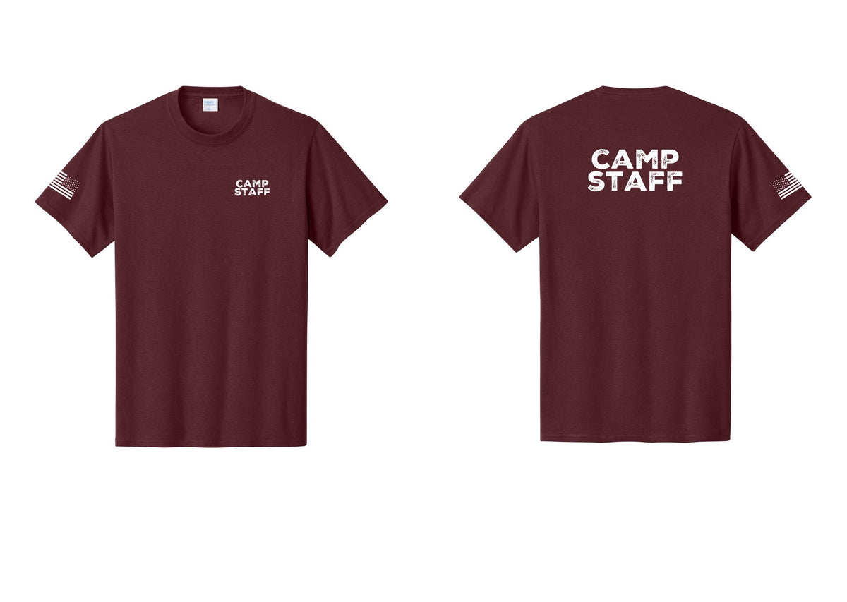 NYC Factory Camp Staff T-Shirt - Chest + Back + US Flag Sleeve - Athletic Maroon