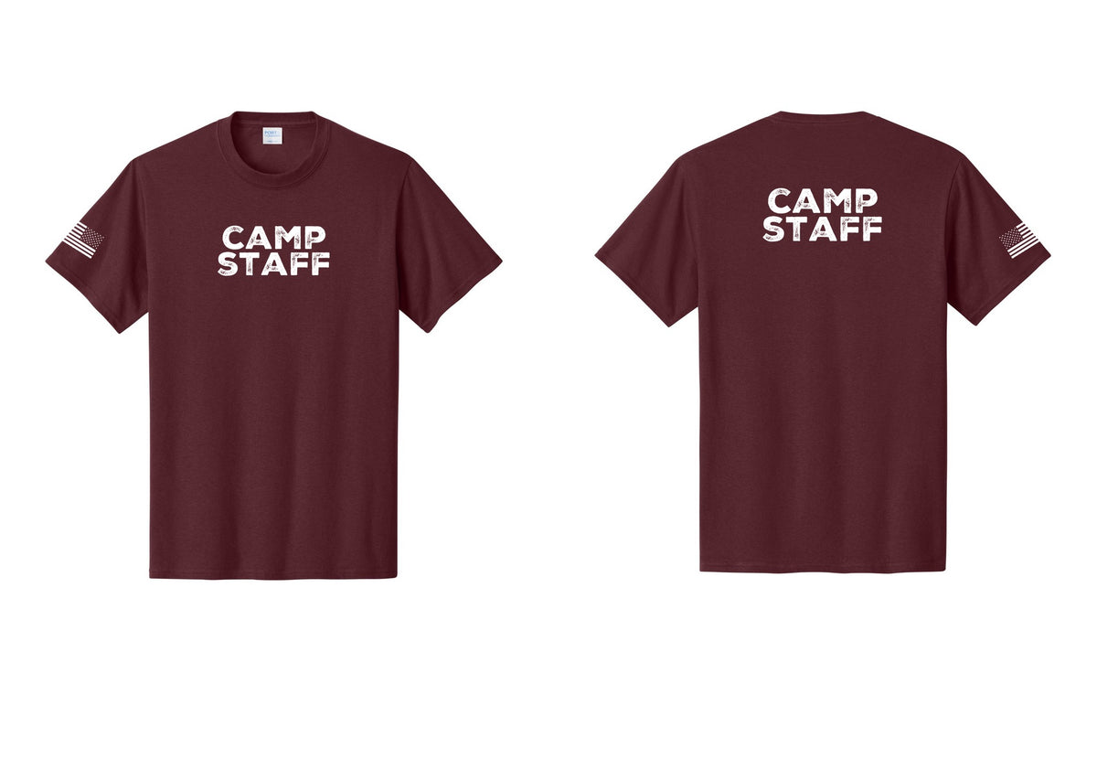 NYC Factory Unisex Camp Staff Charcoal T-Shirt - Front + Back + US Flag Sleeve - Athletic Maroon