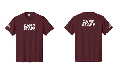 NYC Factory Unisex Camp Staff Charcoal T-Shirt - Front + Back + US Flag Sleeve - Athletic Maroon