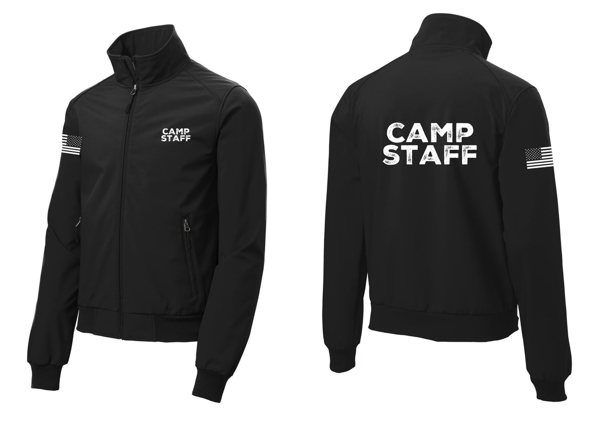 NYC Factory Camp Staff Soft Shell Bomber Jacket (Rustic) - Chest + Back + US Flag Sleeve - Black
