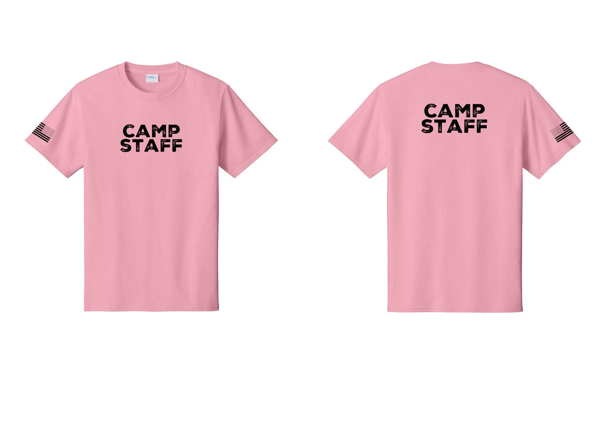 NYC Factory Unisex Camp Staff Charcoal T-Shirt - Front + Back + US Flag Sleeve - Candy Pink