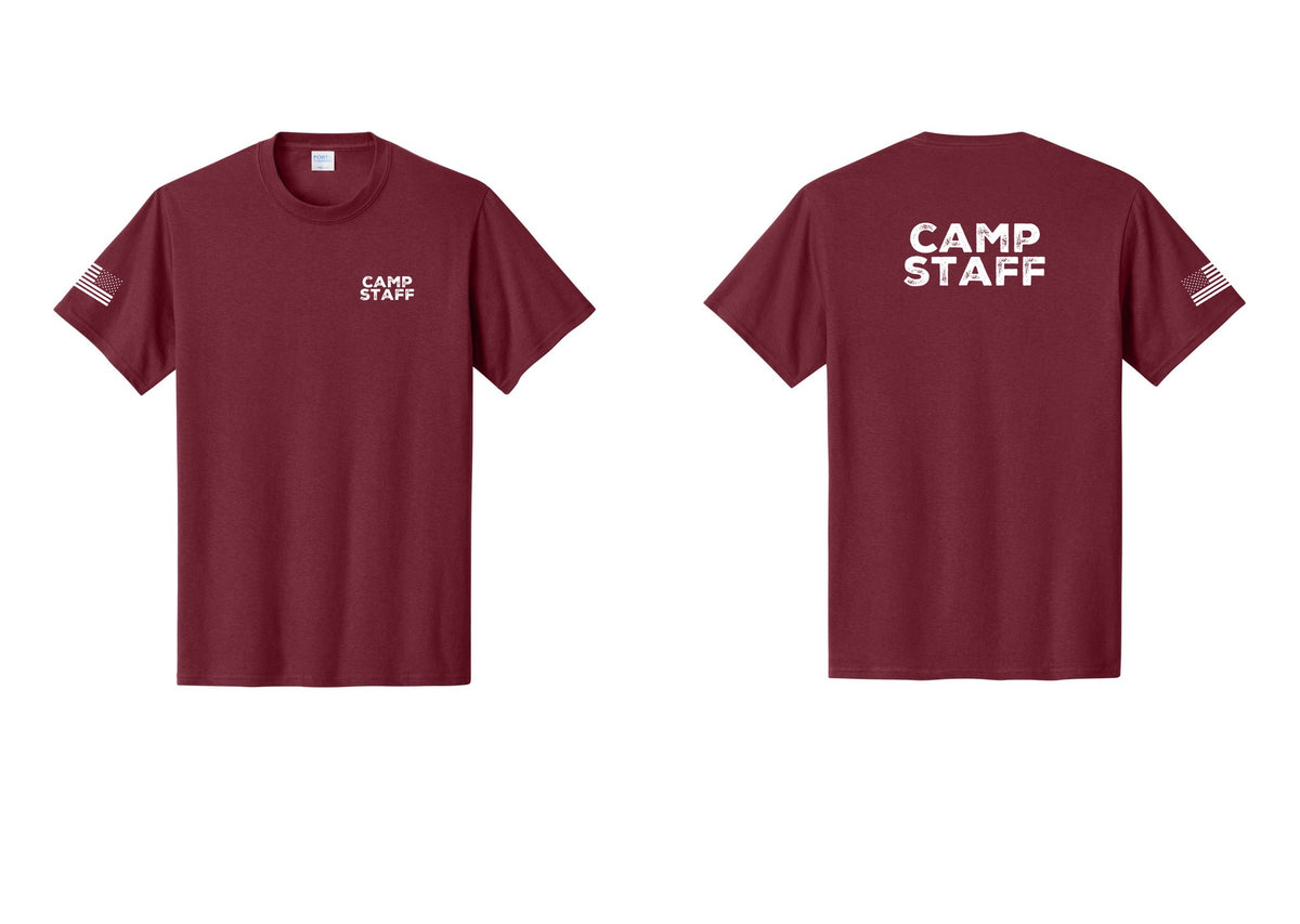 NYC Factory Unisex Camp Staff Charcoal T-Shirt - Chest + Back + US Flag Sleeve - Cardinal