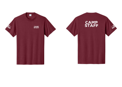 NYC Factory Unisex Camp Staff Charcoal T-Shirt - Chest + Back + US Flag Sleeve - Cardinal