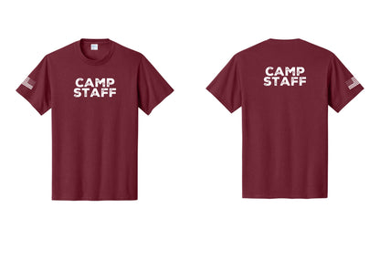 NYC Factory Camp Staff T-Shirt - Front + Back + US Flag Sleeve - Cardinal