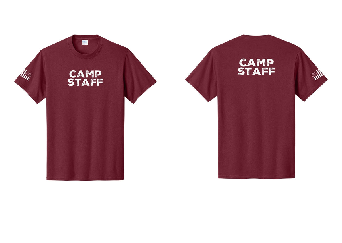 NYC Factory Unisex Camp Staff Charcoal T-Shirt - Front + Back + US Flag Sleeve - Cardinal