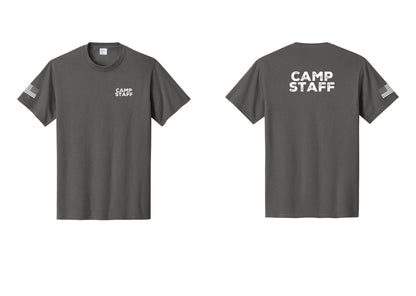 NYC Factory Unisex Camp Staff Charcoal T-Shirt - Chest + Back + US Flag Sleeve - Charcoal