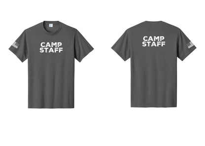 NYC Factory Camp Staff T-Shirt - Front + Back + US Flag Sleeve - Charcoal