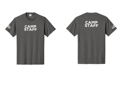 NYC Factory Unisex Camp Staff Charcoal T-Shirt - Front + Back + US Flag Sleeve - Charcoal