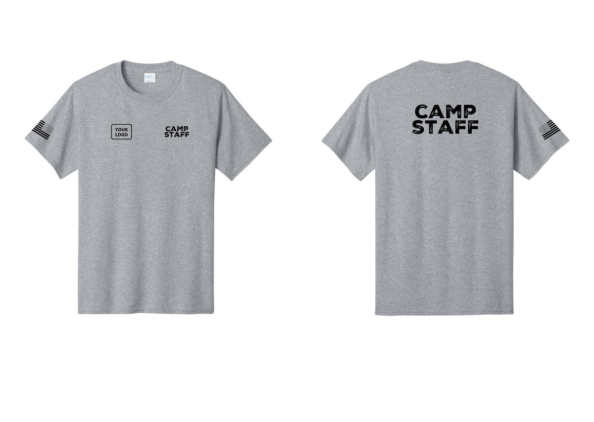 NYC Factory Custom Logo Camp Staff T-Shirt - CAMP STAFF + Your Logo + Back + US Flag Sleeve - Athletic Heather