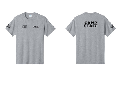 NYC Factory Custom Logo Camp Staff T-Shirt - CAMP STAFF + Your Logo + Back + US Flag Sleeve - Athletic Heather