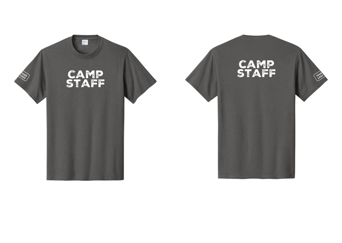 NYC Factory Custom Logo Camp Staff T-Shirt - Front + Back + Your Logo Sleeve - Charcoal